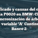 Significado y causas del código de falla P0020 en BMW: Circuito de sincronización de árbol de levas variable 'A' Continuidad Banco 2